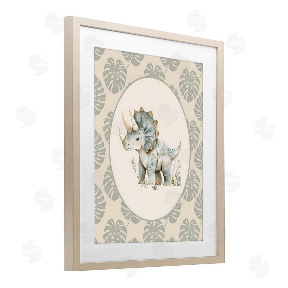 LSR Design Studio Watercolor Dinosaur Tropical Border Brown Framed Print Under Glass with White Mat Wall Art