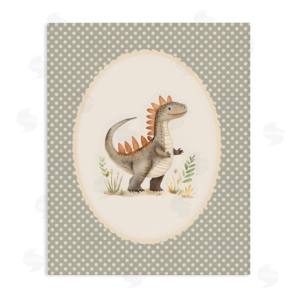 LSR Design Studio Watercolor Dinosaur Polka Dot Border Stretched Canvas Wall Art Print