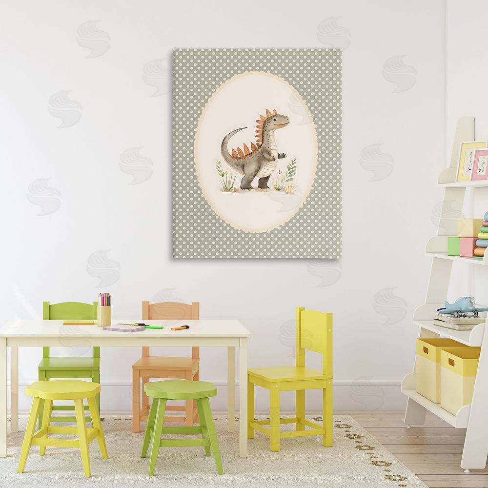 LSR Design Studio Watercolor Dinosaur Polka Dot Border Stretched Canvas on Wall