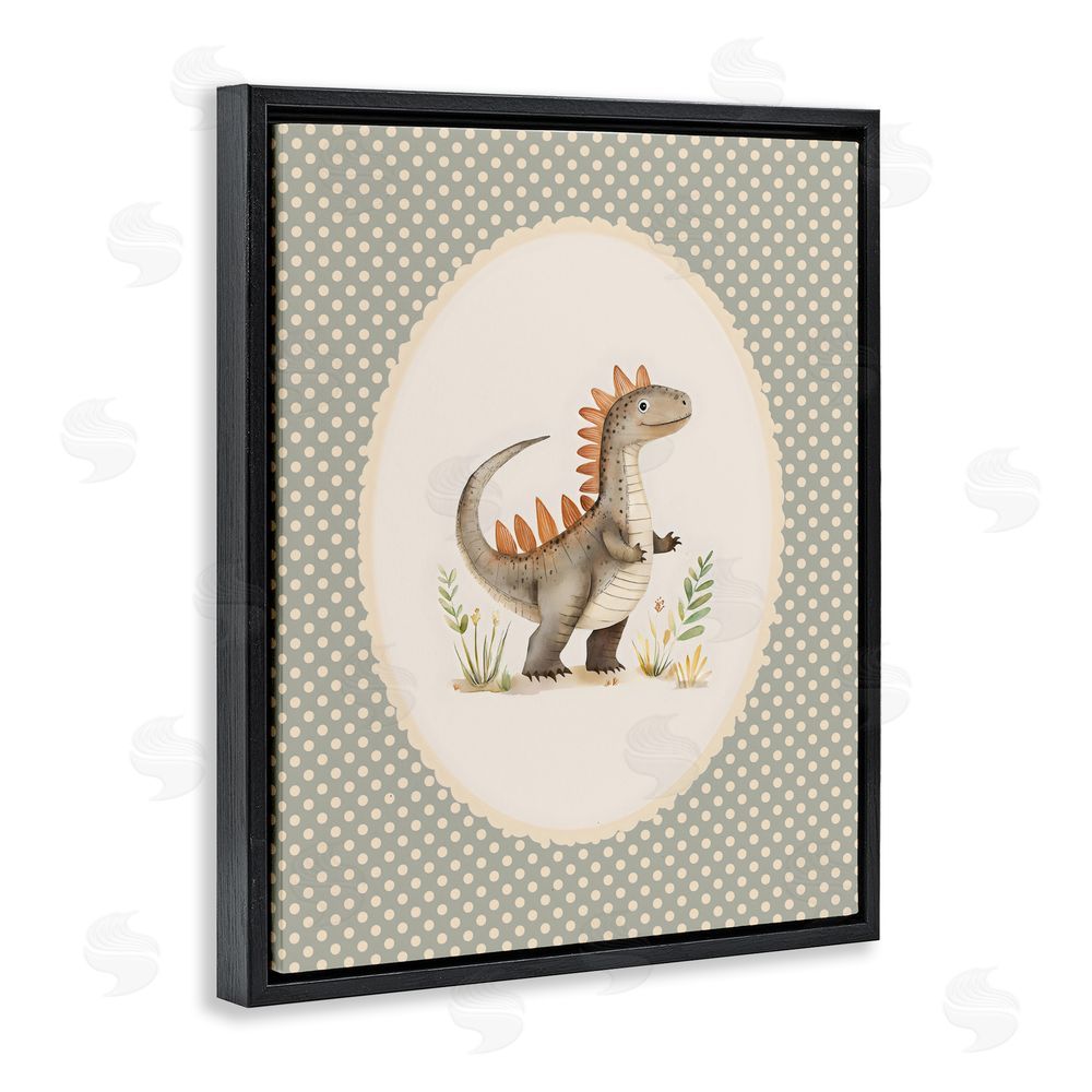LSR Design Studio Watercolor Dinosaur Polka Dot Border Black Floating Framed Canvas Wall Art Print