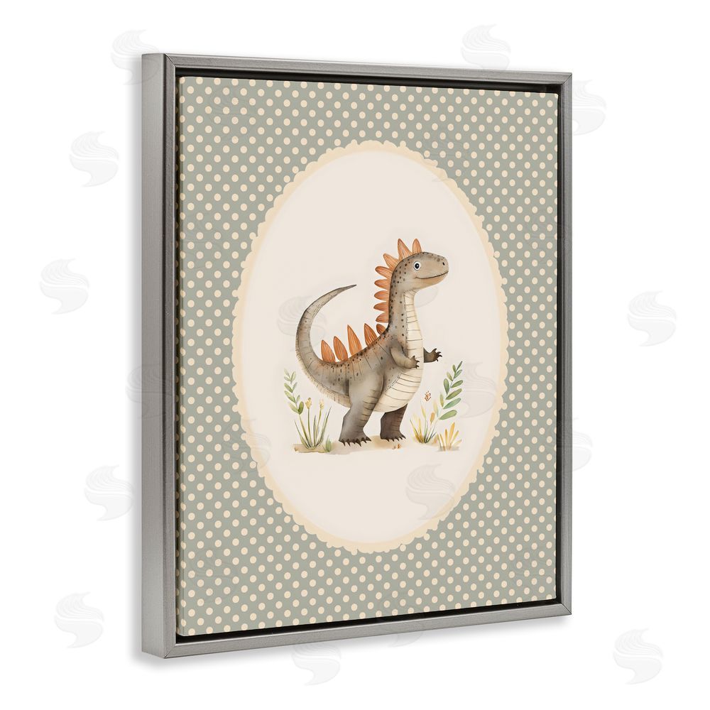 LSR Design Studio Watercolor Dinosaur Polka Dot Border Gray Floating Framed Canvas Wall Art Print