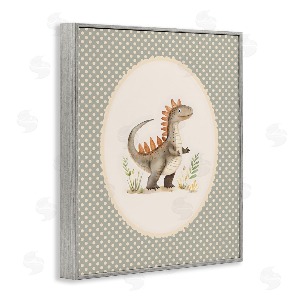 LSR Design Studio Watercolor Dinosaur Polka Dot Border Gray Framed Giclee Wall Art Print
