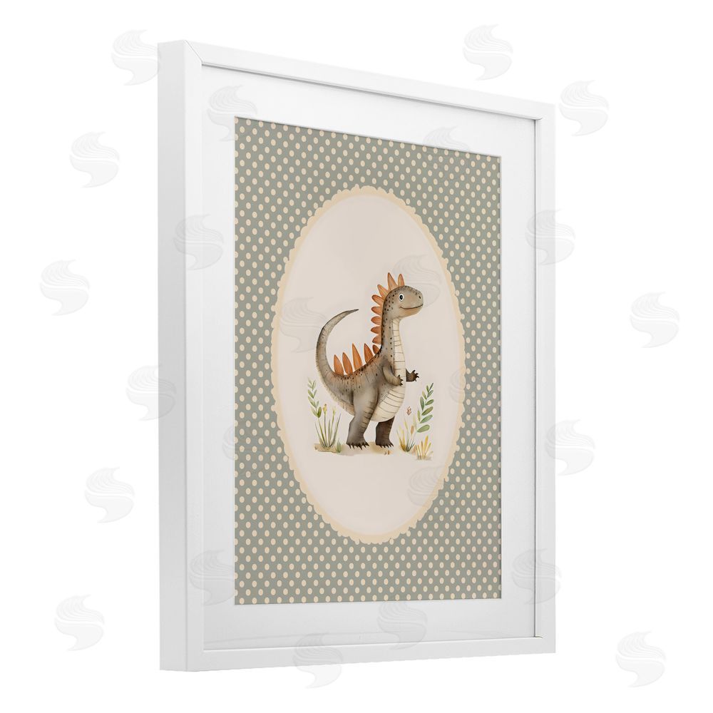 LSR Design Studio Watercolor Dinosaur Polka Dot Border White Framed Print Under Glass with White Mat Wall Art
