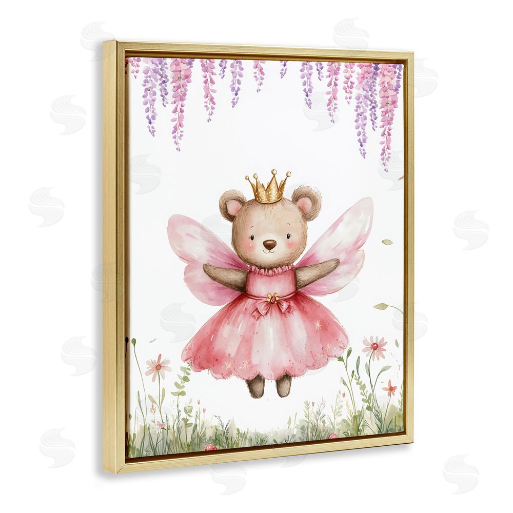LSR Design Studio Woodland Bear Forest Fairy Gold Floating Framed Canvas Wall Art Print