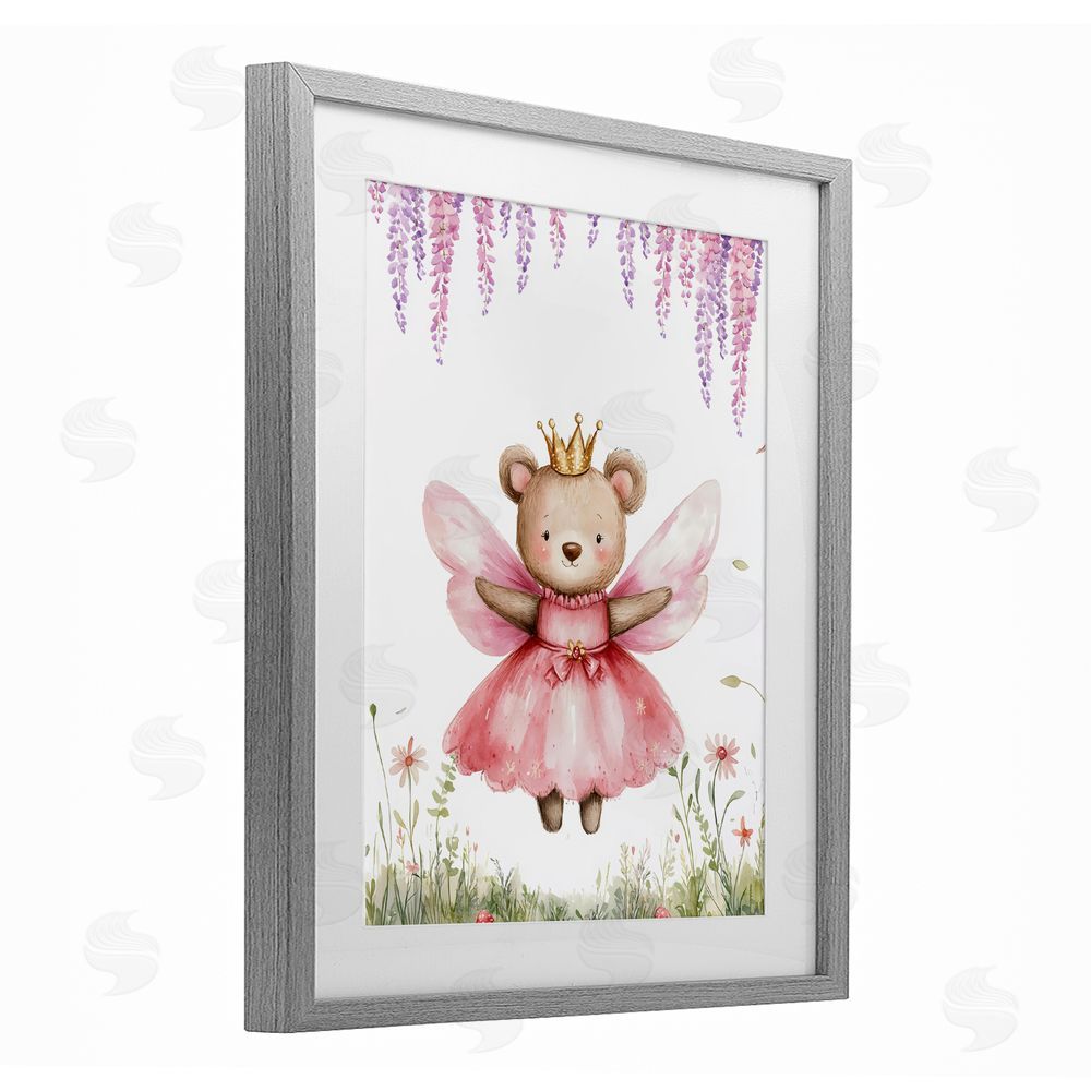 LSR Design Studio Woodland Bear Forest Fairy Gray Framed Print Under Glass with White Mat Wall Art