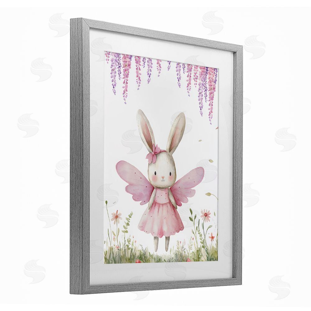 LSR Design Studio Woodland Bunny Forest Fairy Gray Framed Print Under Glass with White Mat Wall Art