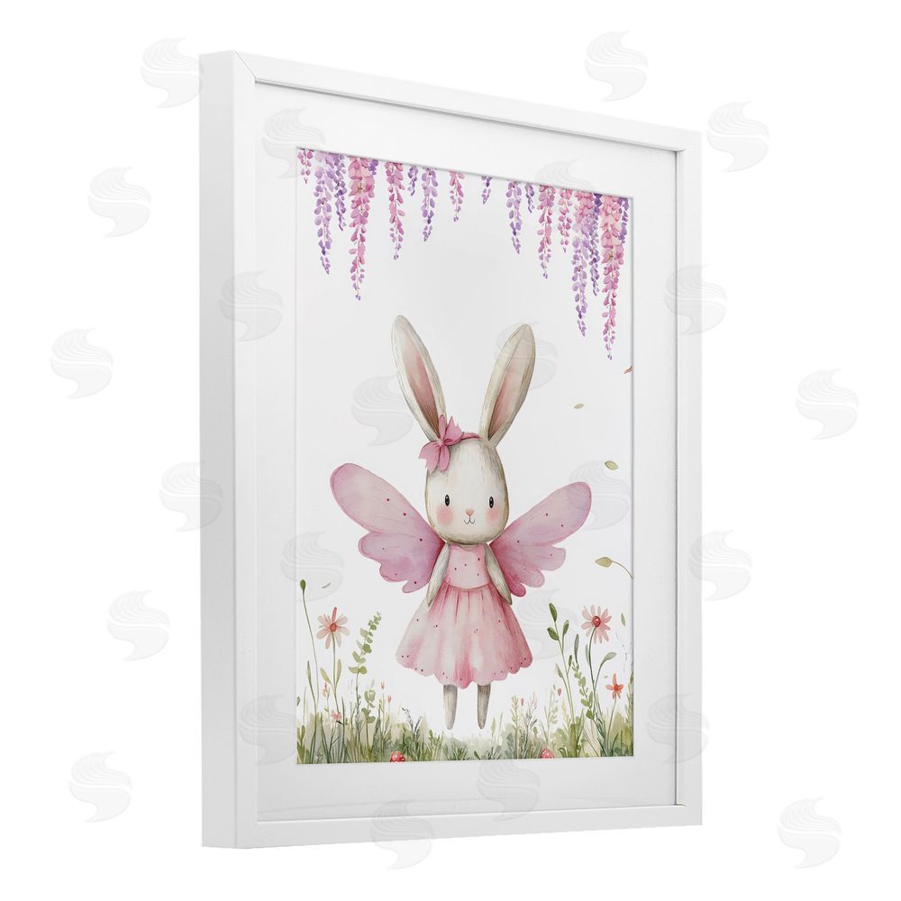 LSR Design Studio Woodland Bunny Forest Fairy White Framed Print Under Glass with White Mat Wall Art