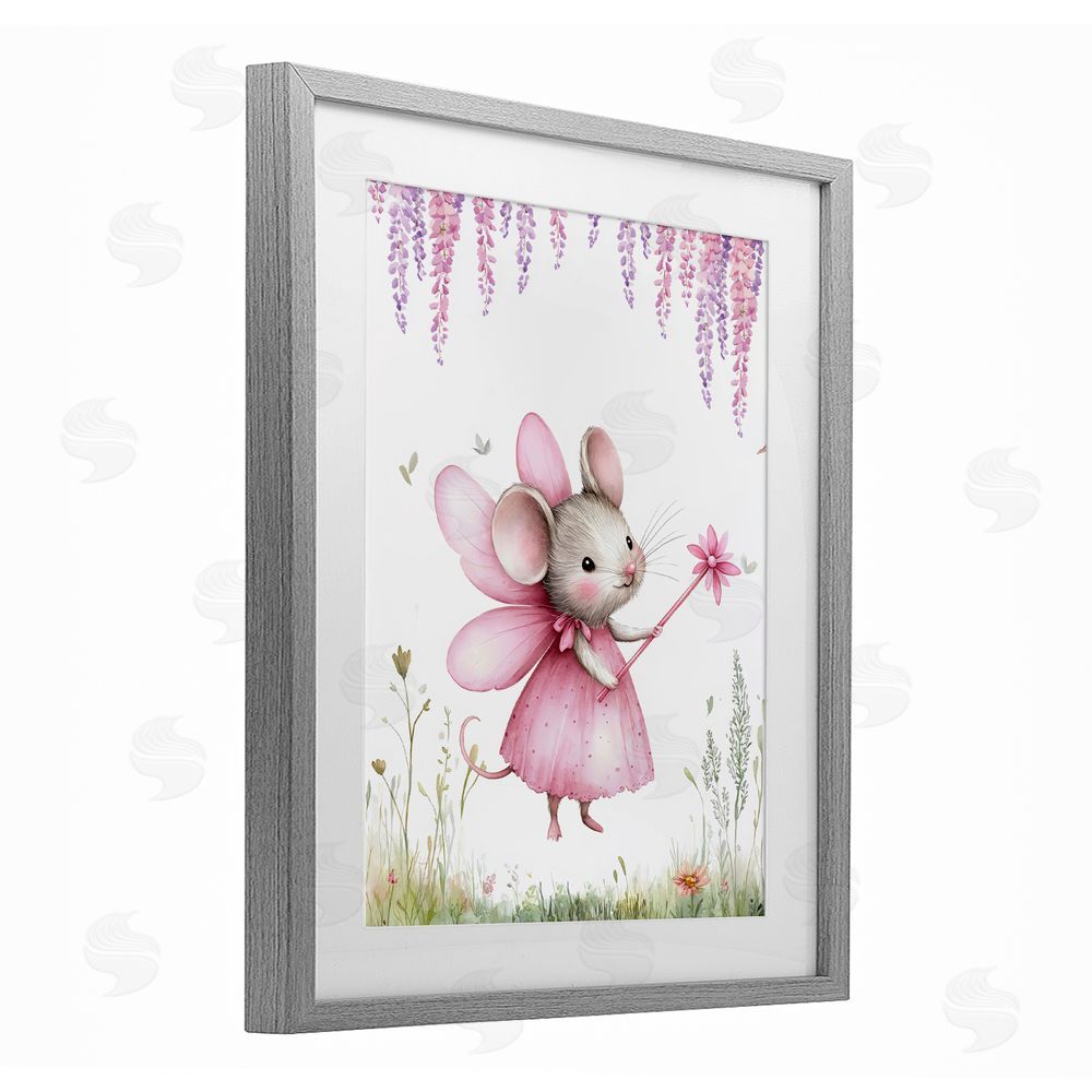 LSR Design Studio Woodland Mouse Forest Fairy Gray Framed Print Under Glass with White Mat Wall Art
