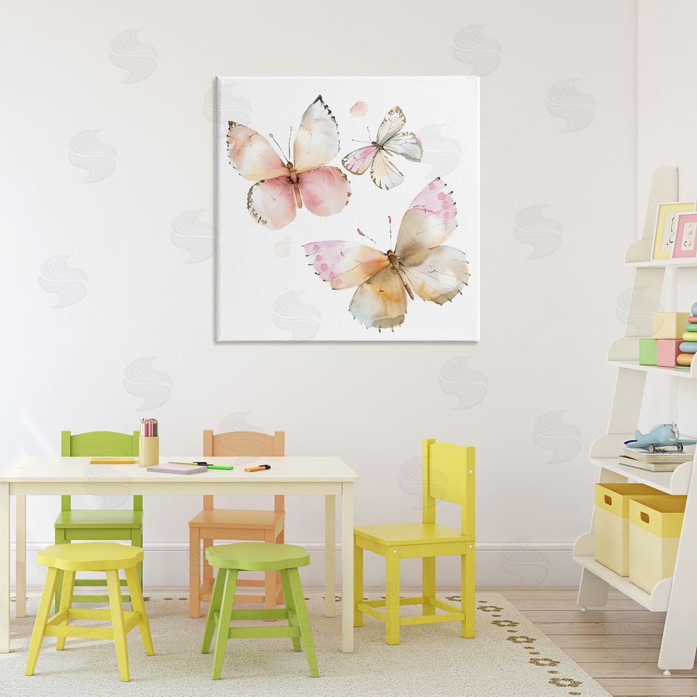 Creative Studio Pink Watercolor Butterfly Trio Stretched Canvas Wall Art in Room