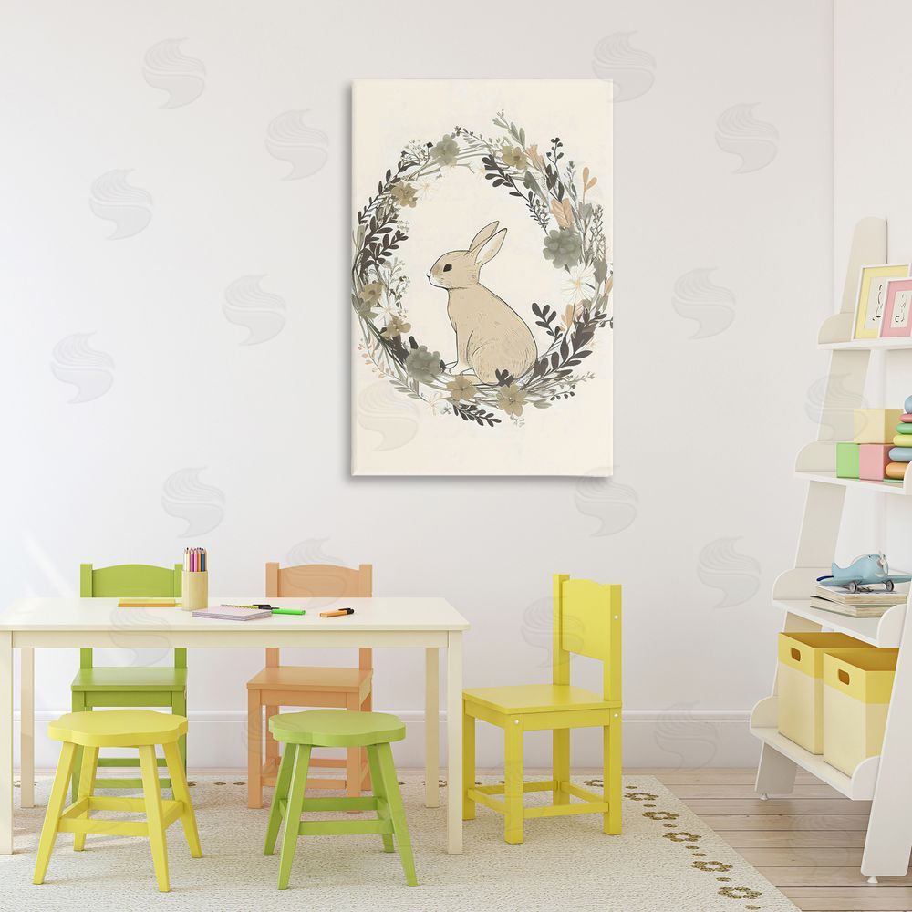 Creative Studio Pastoral Bunny Wreath Stretched Canvas Wall Art Print in Room