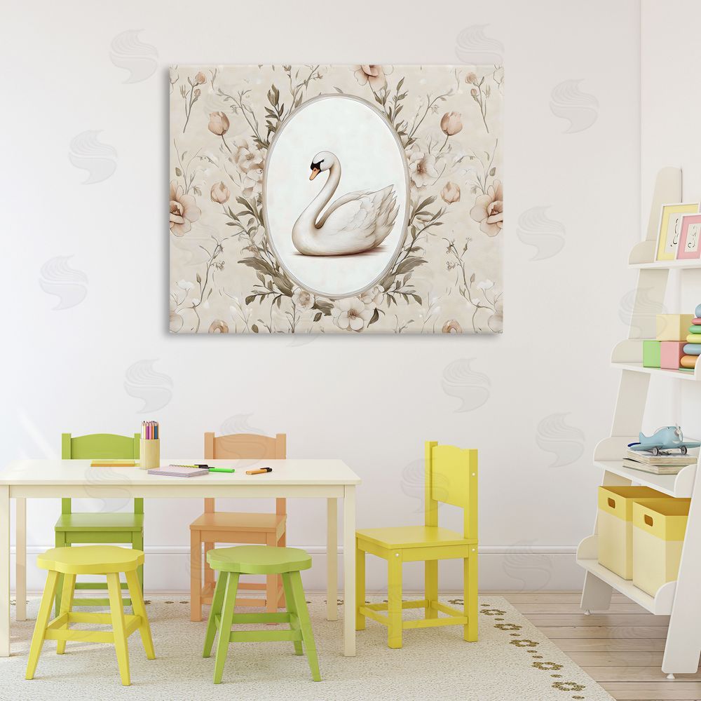 Arlington Prints Swan Vignette in Floral Border Stretched Canvas on Wall