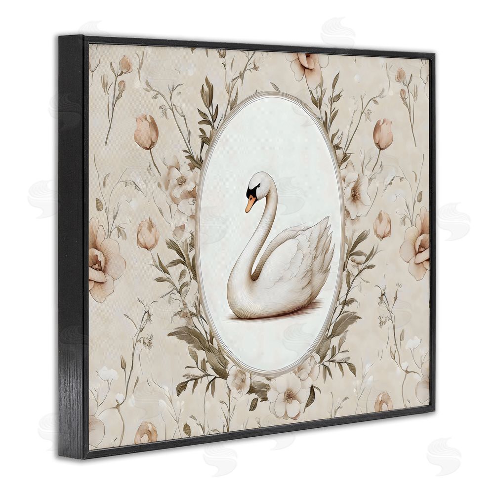 Arlington Prints Swan Vignette in Floral Border Black Framed Giclee Wall Art Print
