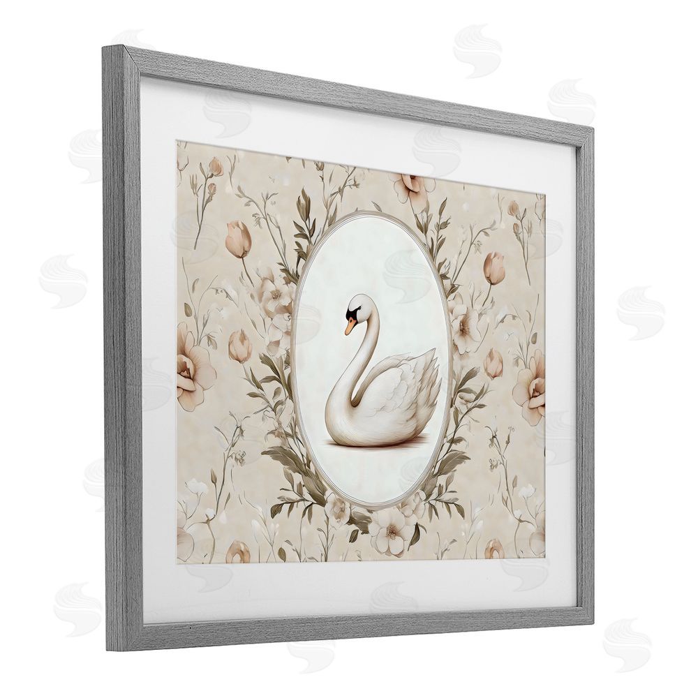 Arlington Prints Swan Vignette in Floral Border Gray Framed Print Under Glass with White Mat Wall Art