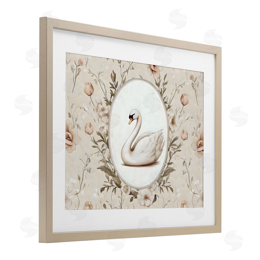 Arlington Prints Swan Vignette in Floral Border Brown Framed Print Under Glass with White Mat Wall Art