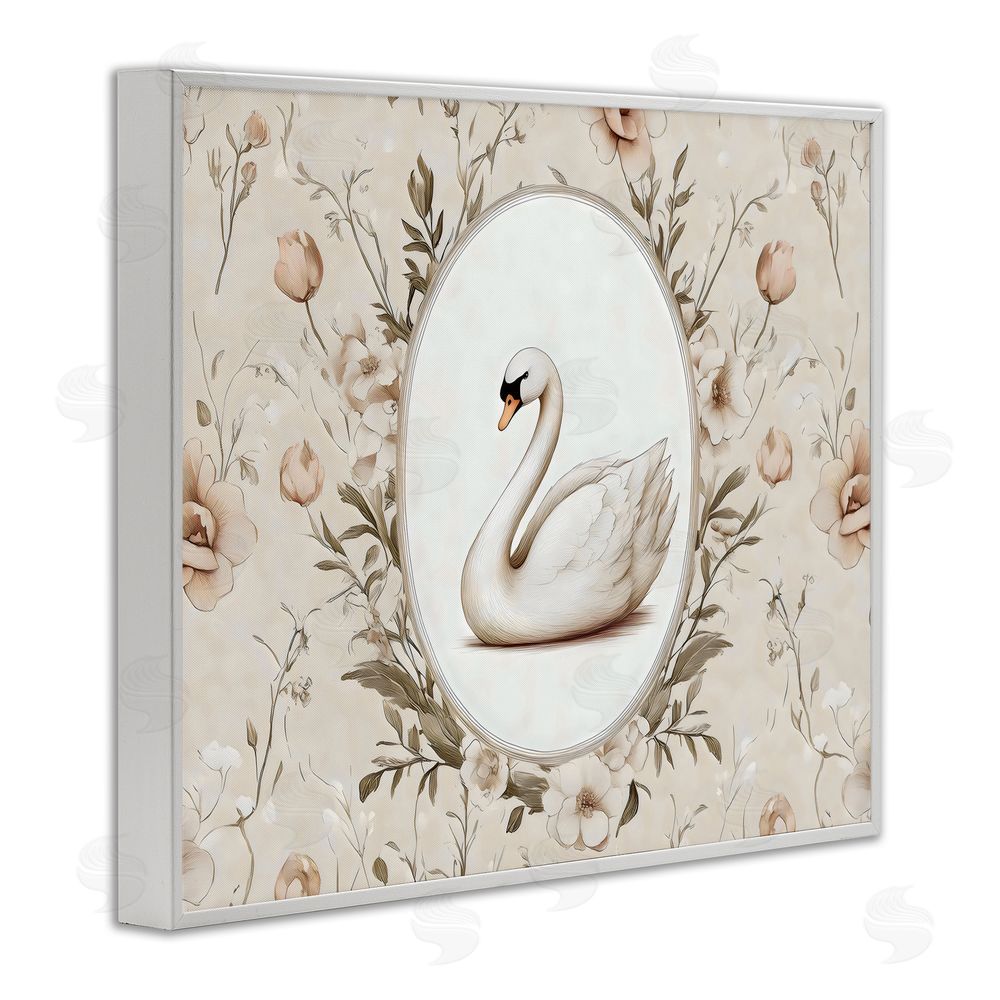Arlington Prints Swan Vignette in Floral Border White Framed Giclee Wall Art Print
