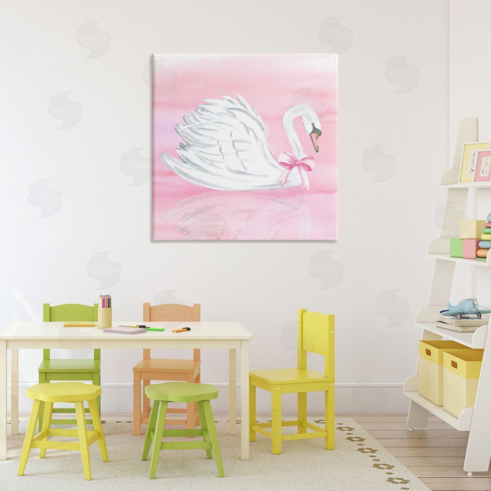 Corinne Haig Pink Bow Swan Stretched Canvas Wall Art in Room
