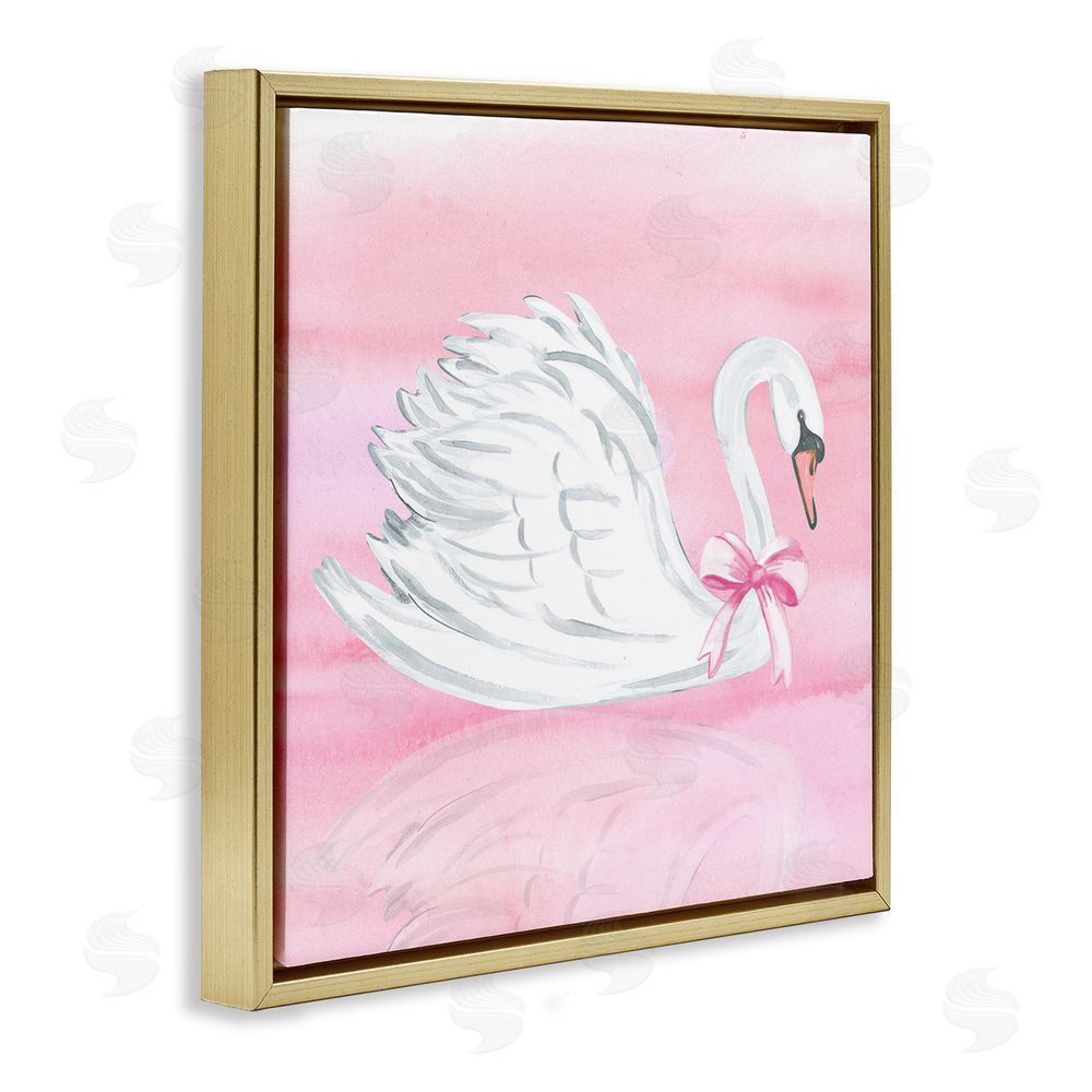 Corinne Haig Pink Bow Swan Gold Floating Framed Canvas Wall Art