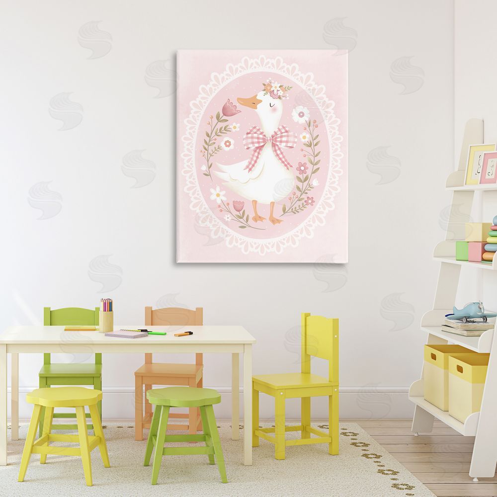Penny Aguilera Pink Floral Spring Goose Stretched Canvas Wall Art Print in Room