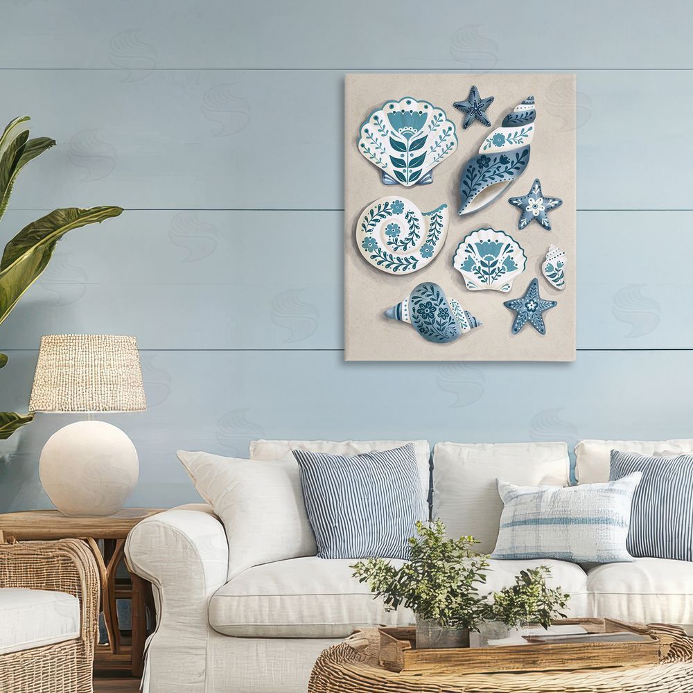 Penny Aguilera Teal Nautical Floral Seashells Stretched Canvas on Wall
