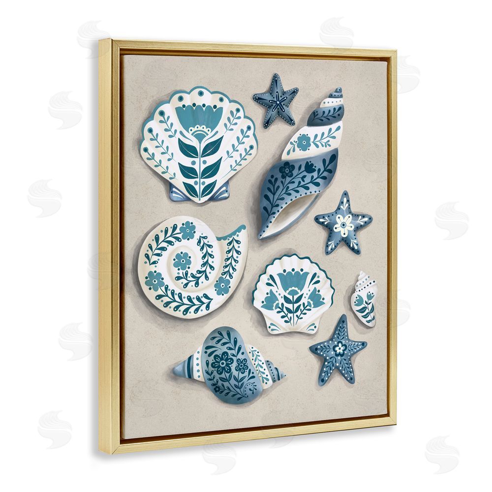 Penny Aguilera Teal Nautical Floral Seashells Gold Floating Framed Canvas Wall Art Print