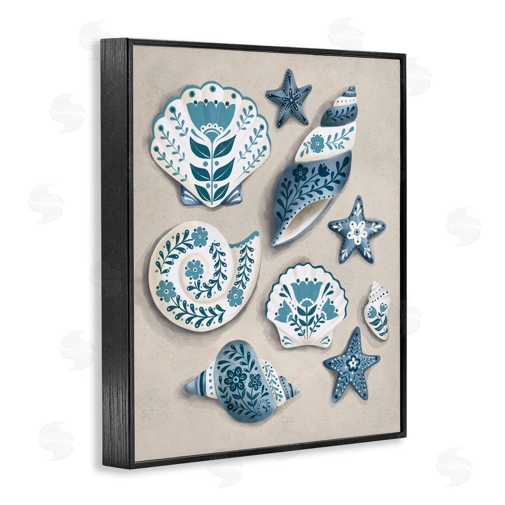 Penny Aguilera Teal Nautical Floral Seashells Black Framed Giclee Wall Art Print
