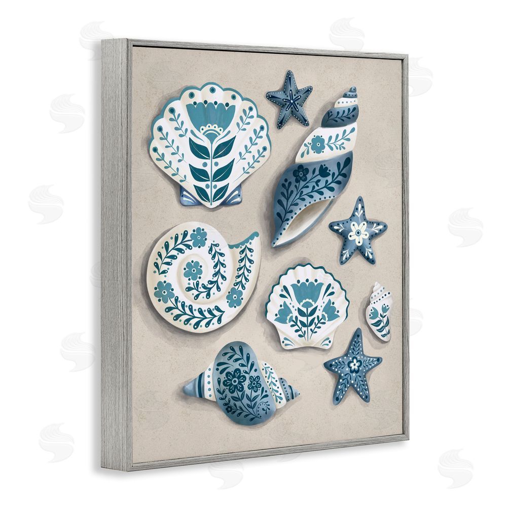 Penny Aguilera Teal Nautical Floral Seashells Gray Framed Giclee Wall Art Print