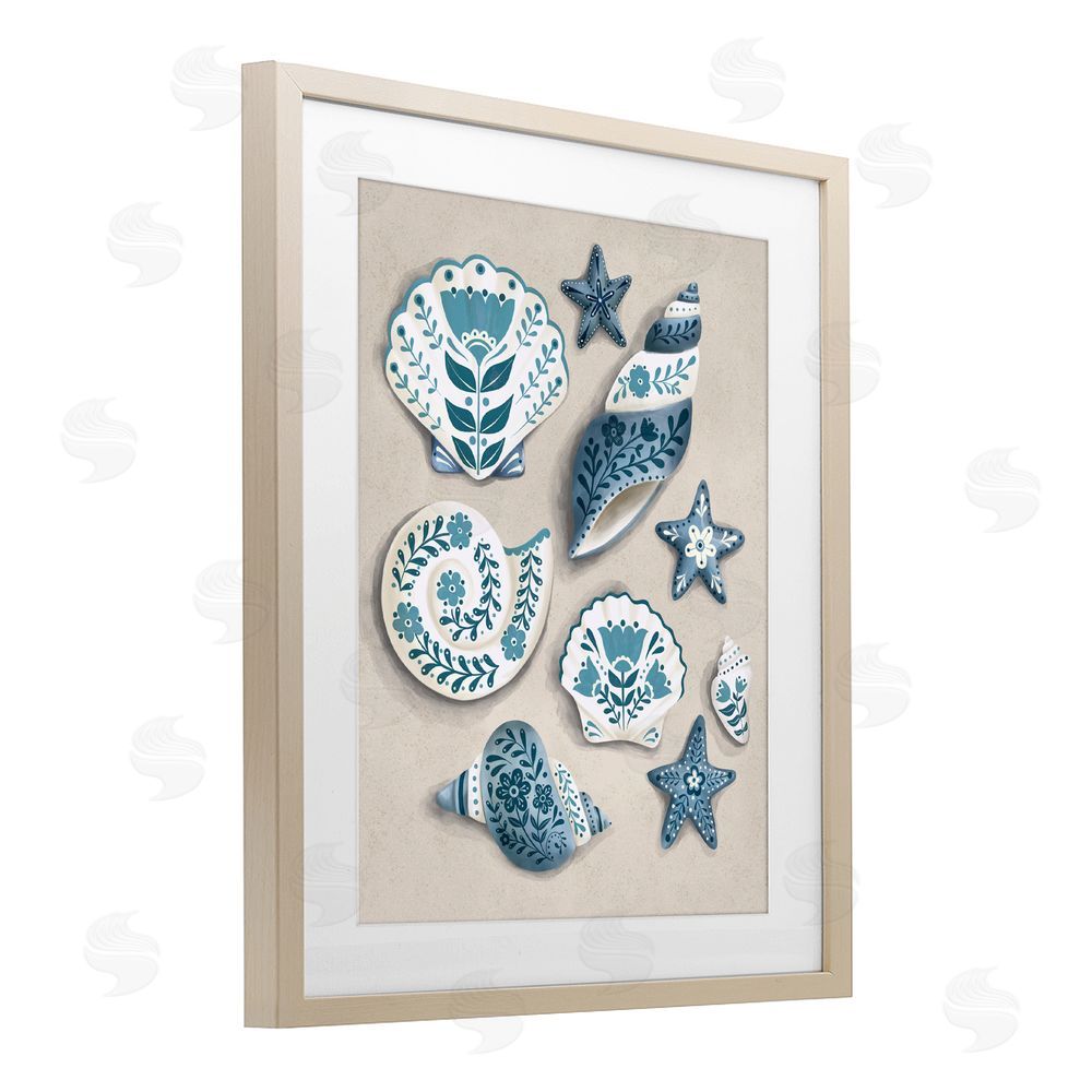 Penny Aguilera Teal Nautical Floral Seashells Brown Framed Print Under Glass with White Mat Wall Art