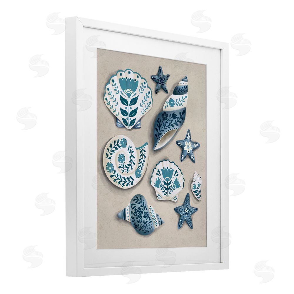 Penny Aguilera Teal Nautical Floral Seashells White Framed Print Under Glass with White Mat Wall Art