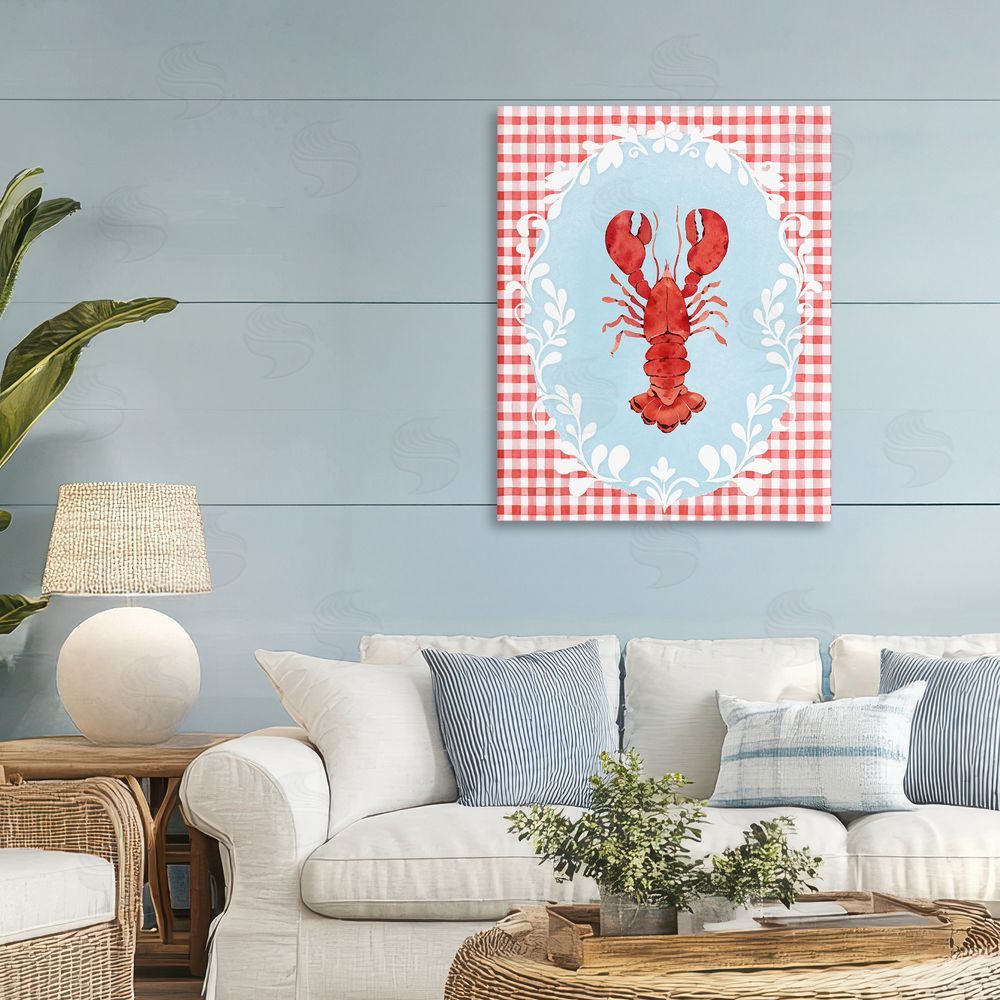 Heather Lee Chan Lobster with Red Plaid Stretched Canvas Wall Art in Room