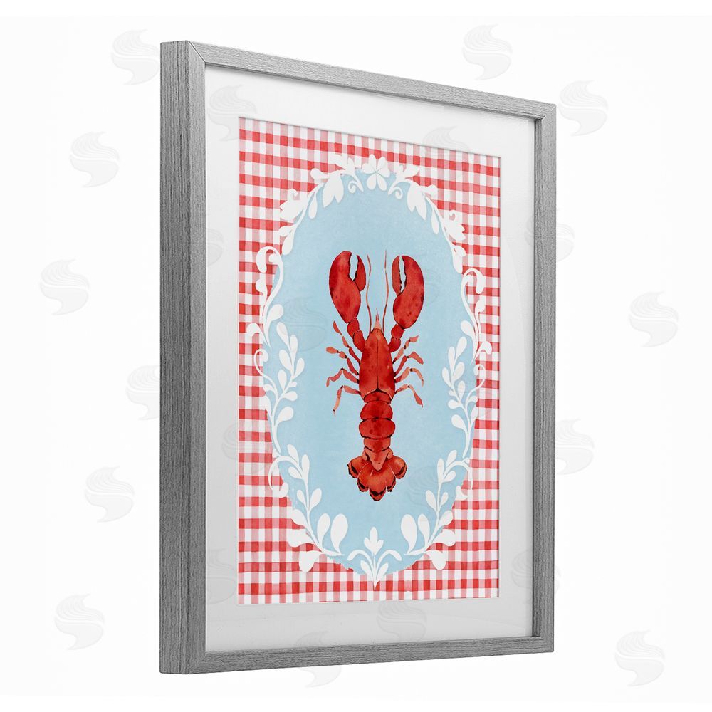 Heather Lee Chan Lobster with Red Plaid Gray Framed Print Under Glass Wall Art