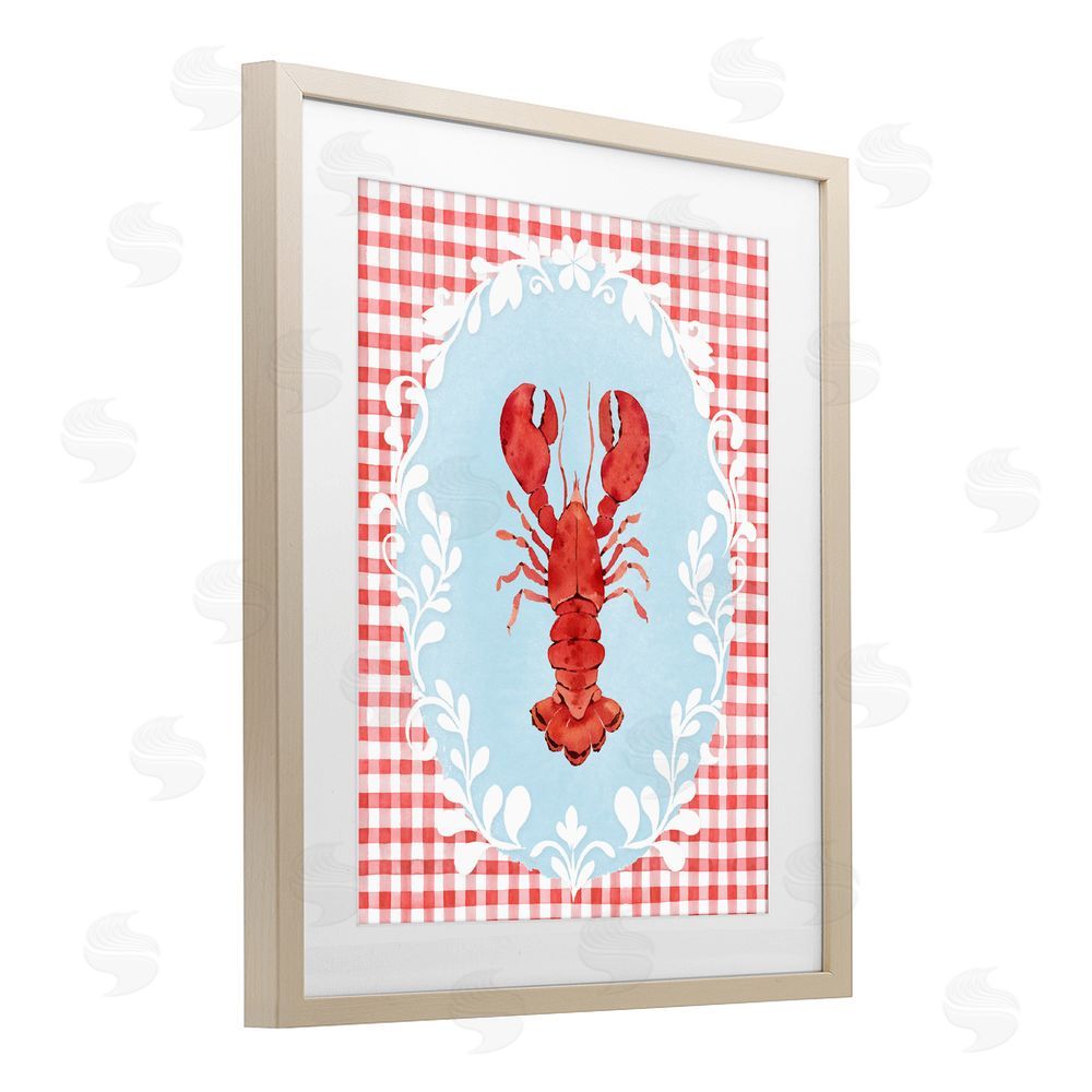 Heather Lee Chan Lobster with Red Plaid Brown Framed Print Under Glass Wall Art