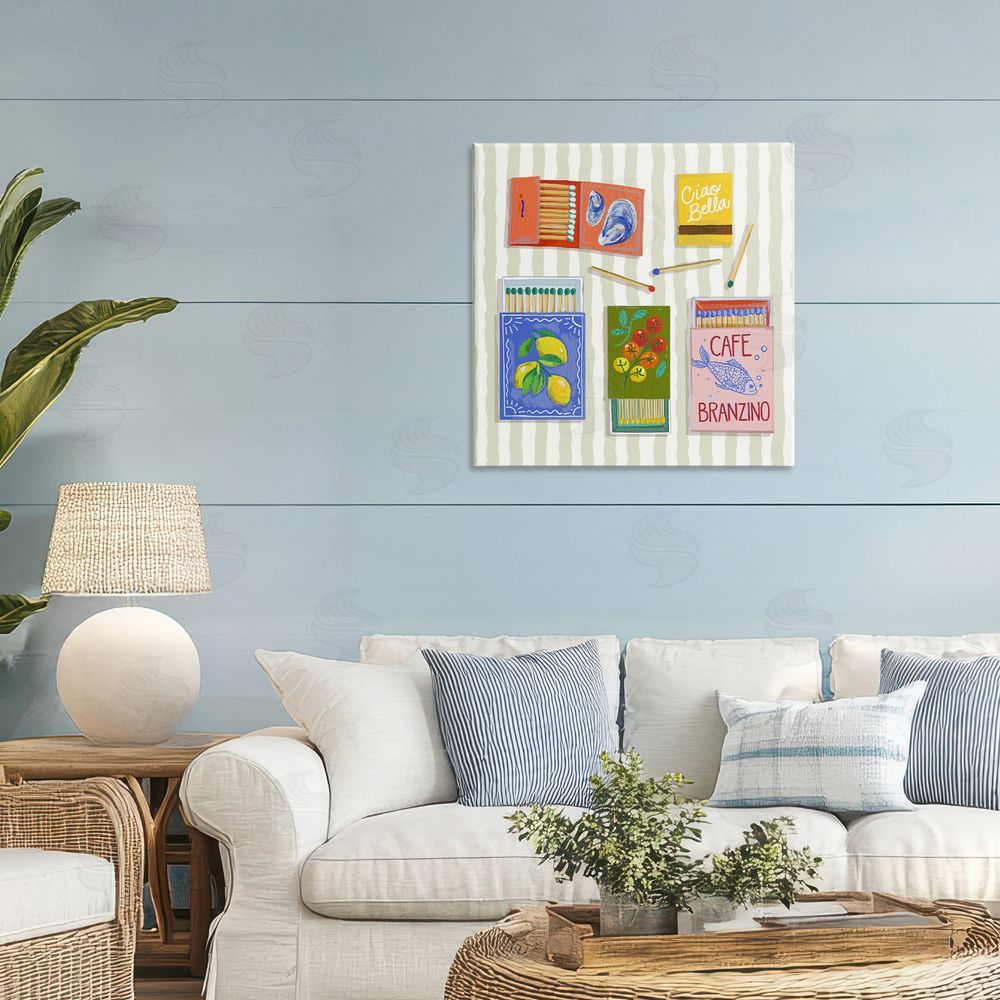 Rachel Nerney Ciao Bella Seaside Matchboxes Stretched Canvas Wall Art in Room