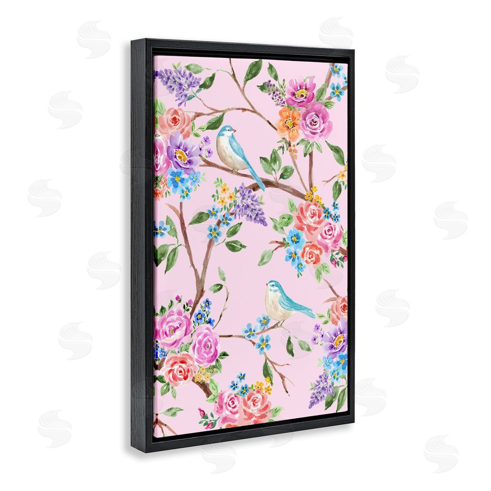 Corinne Haig Pink & Blue Spring Florals Black Floating Frame Canvas Wall Art Print