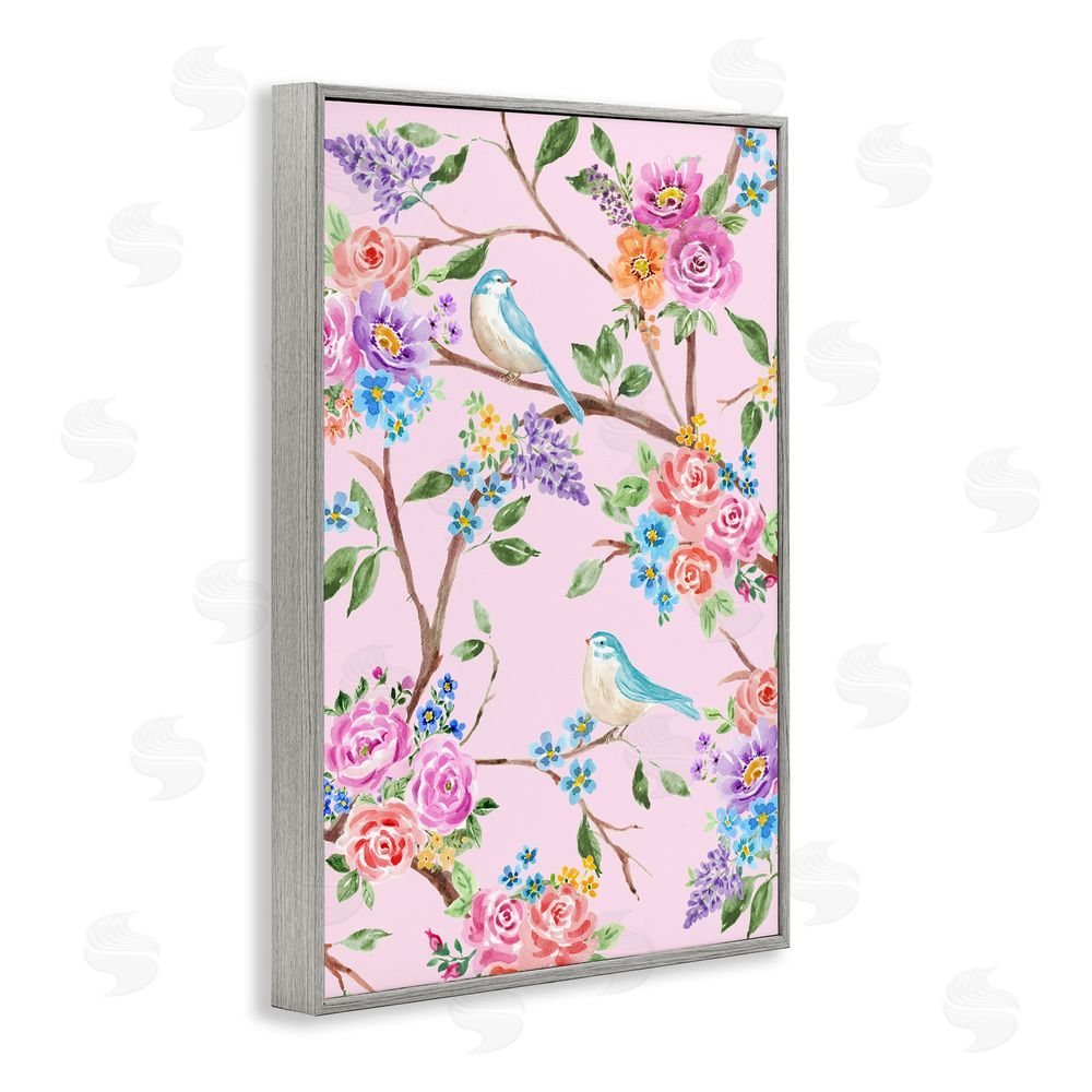 Corinne Haig Pink & Blue Spring Florals Gray Framed Giclee Wall Art Print