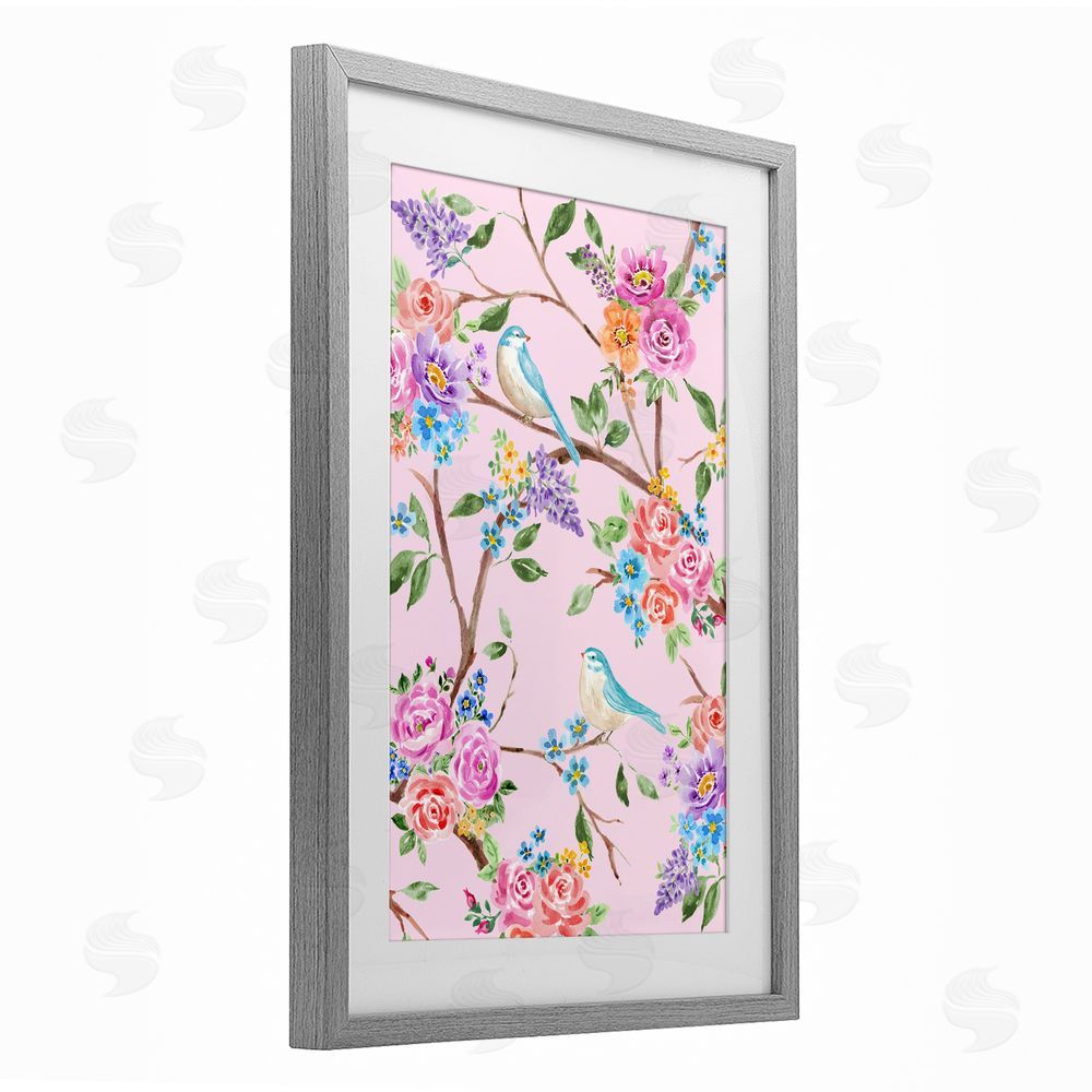 Corinne Haig Pink & Blue Spring Florals Gray Framed Print Under Glass Wall Art