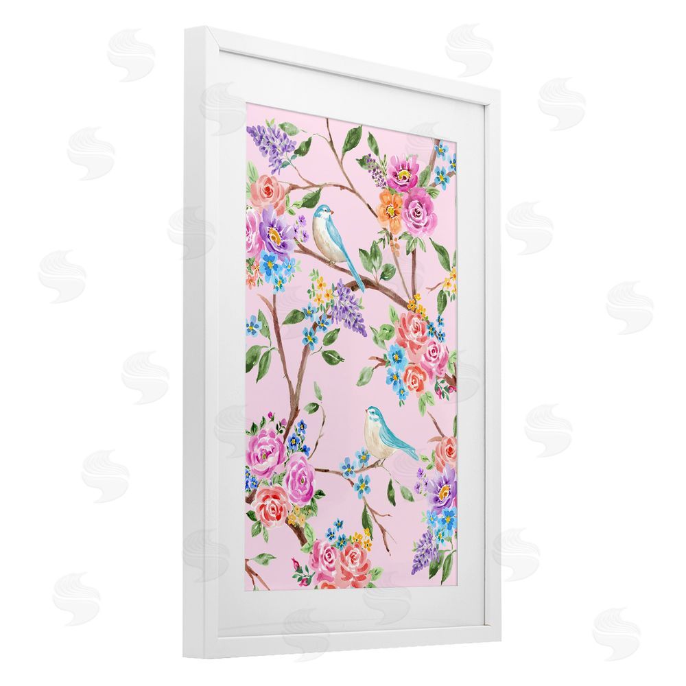 Corinne Haig Pink & Blue Spring Florals White Framed Print Under Glass Wall Art
