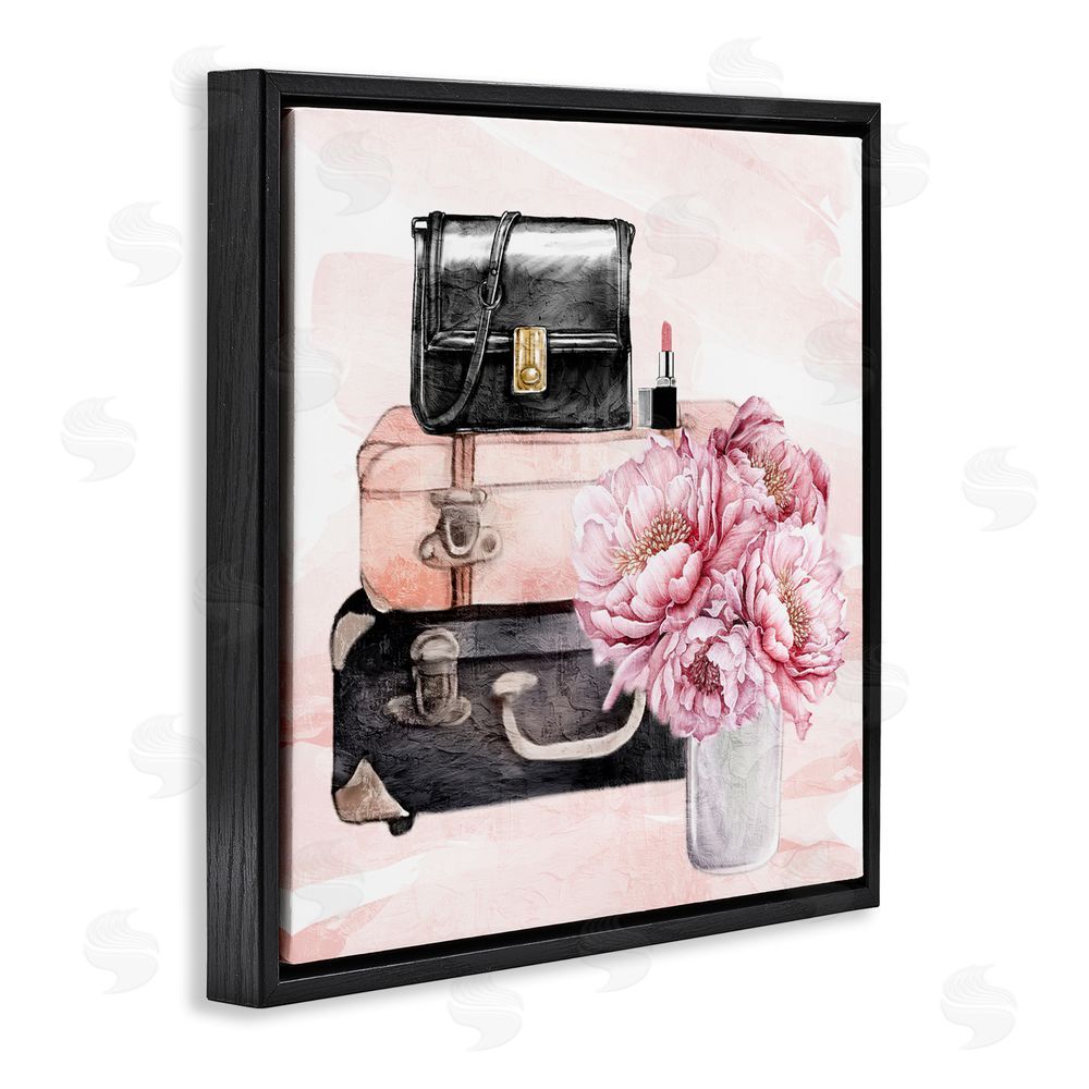 Kim Allen Glam Time Suitcase & Flowers Black Floating Frame Canvas Wall Art Print