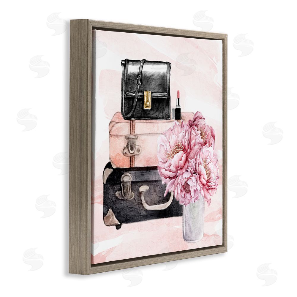 Kim Allen Glam Time Suitcase & Flowers Brown Floating Frame Canvas Wall Art Print