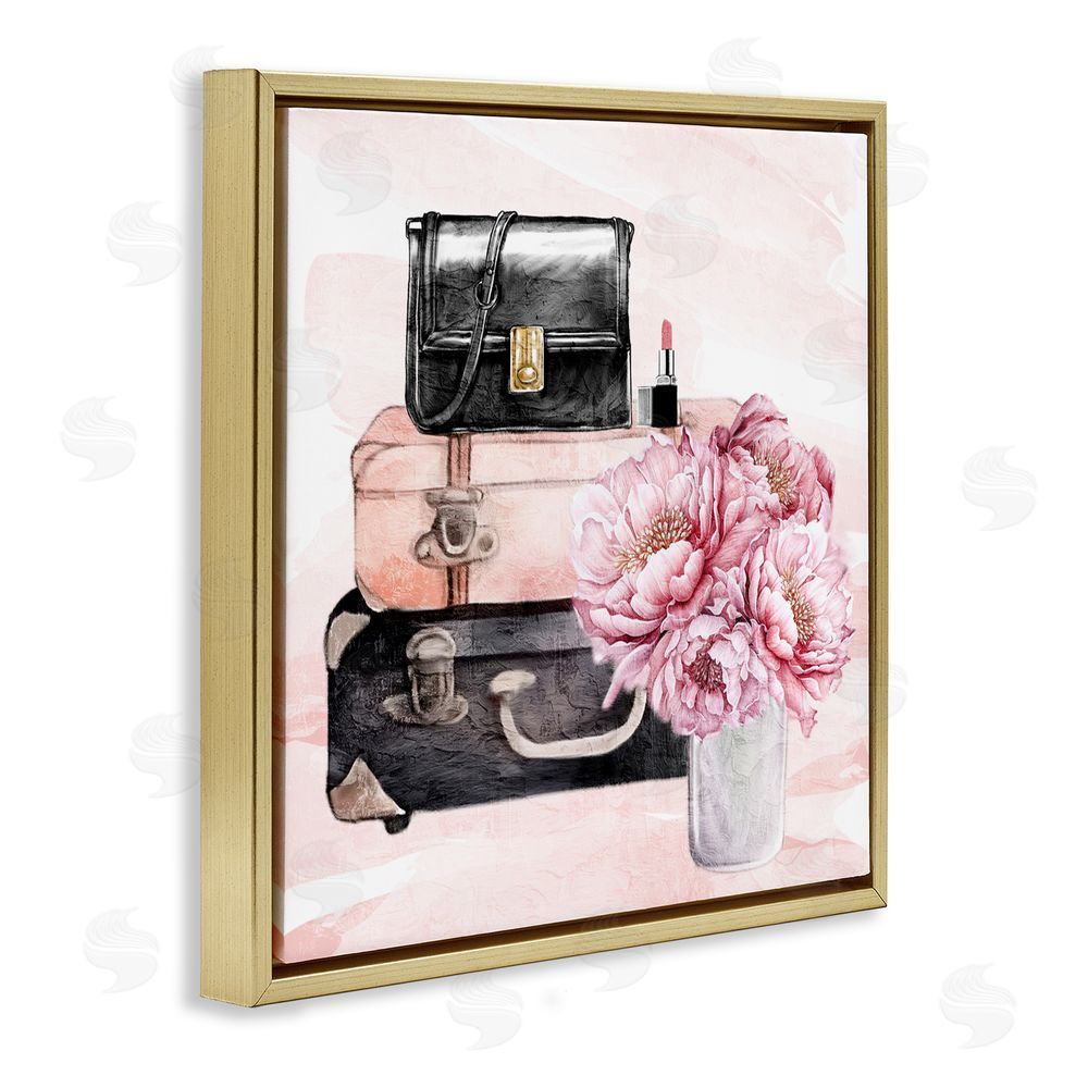 Kim Allen Glam Time Suitcase & Flowers Gold Floating Frame Canvas Wall Art Print
