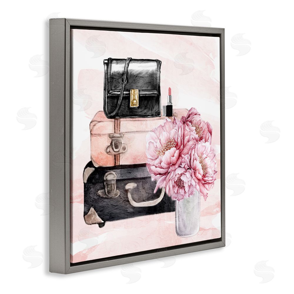 Kim Allen Glam Time Suitcase & Flowers Gray Floating Frame Canvas Wall Art Print