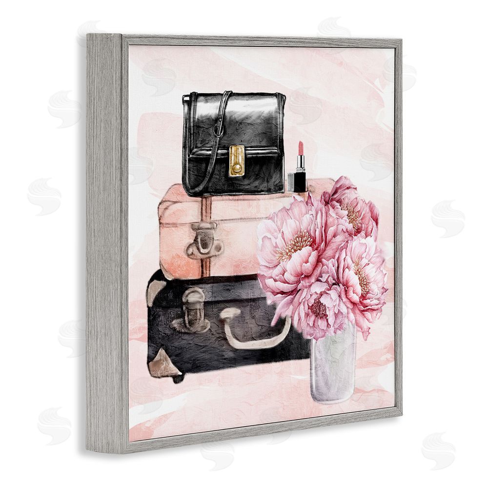 Kim Allen Glam Time Suitcase & Flowers Gray Framed Giclee Wall Art Print