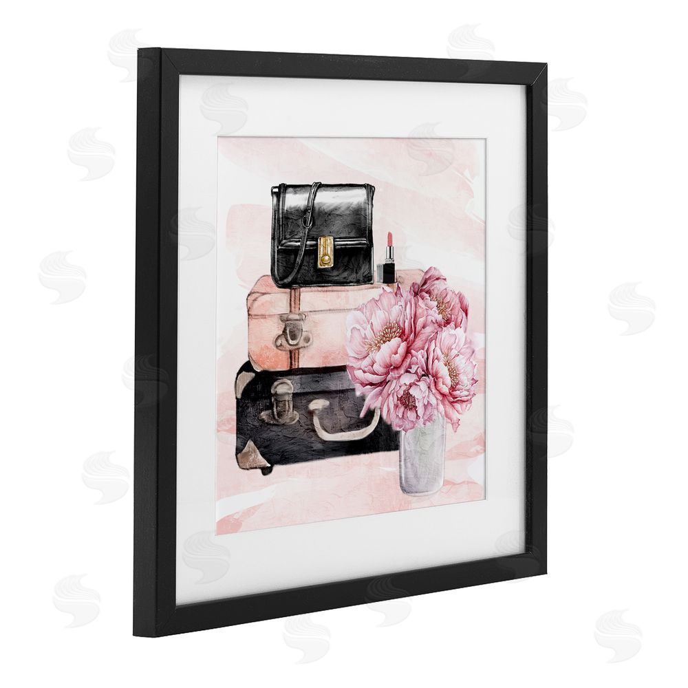 Kim Allen Glam Time Suitcase & Flowers Black Framed Print Under Glass with White Mat Wall Art
