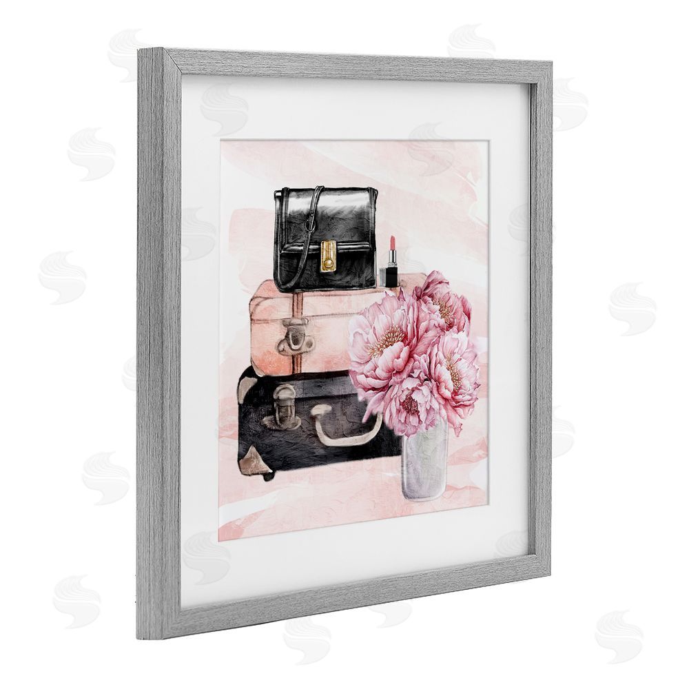 Kim Allen Glam Time Suitcase & Flowers Gray Framed Print Under Glass with White Mat Wall Art