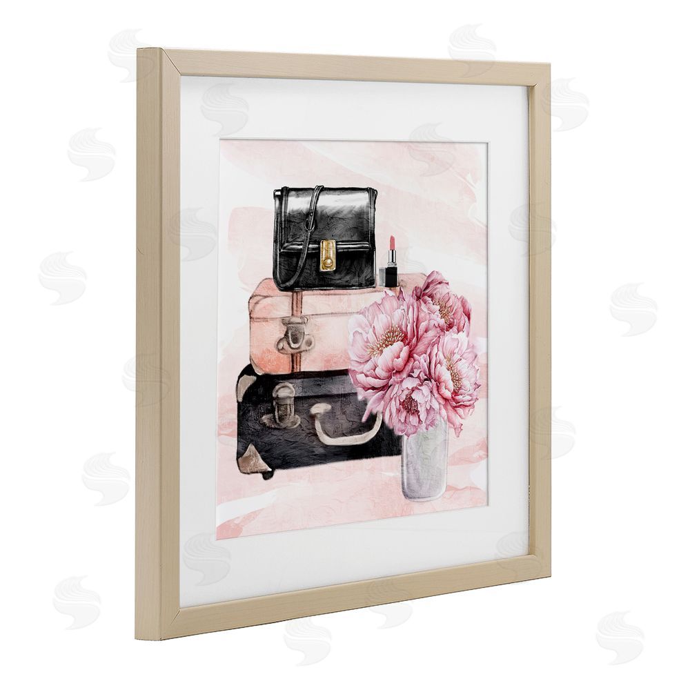 Kim Allen Glam Time Suitcase & Flowers Birch Framed Print Under Glass with White Mat Wall Art
