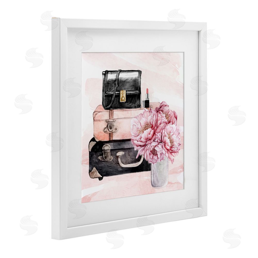 Kim Allen Glam Time Suitcase & Flowers White Framed Print Under Glass with Mat Wall Art
