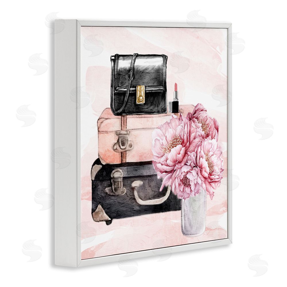 Kim Allen Glam Time Suitcase & Flowers White Framed Giclee Wall Art Print