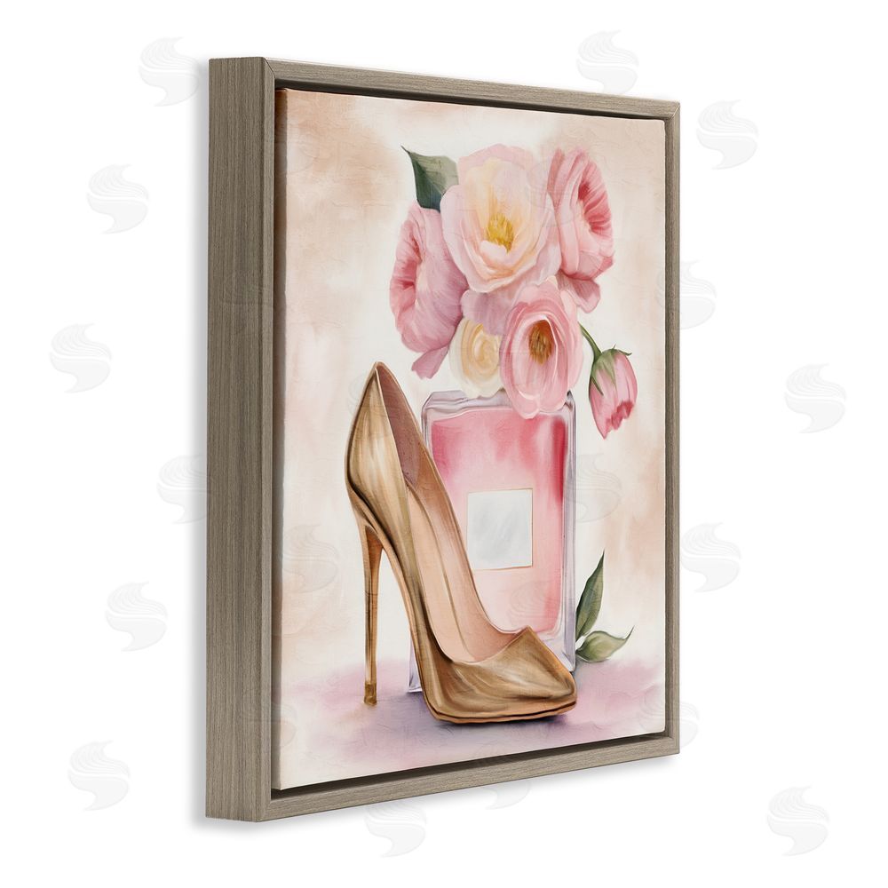 Kim Allen Pink Beauty Heel & Flowers Brown Floating Frame Canvas Wall Art Print