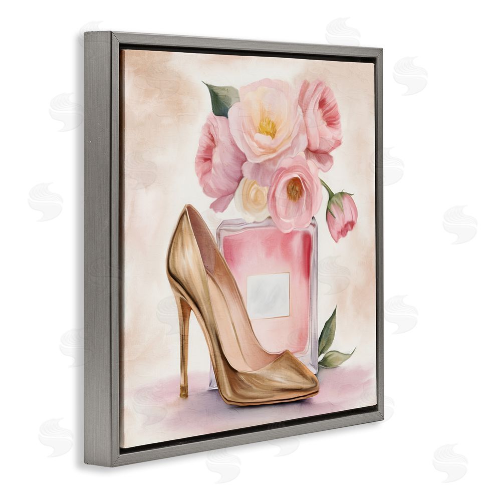 Kim Allen Pink Beauty Heel & Flowers Gray Floating Frame Canvas Wall Art Print