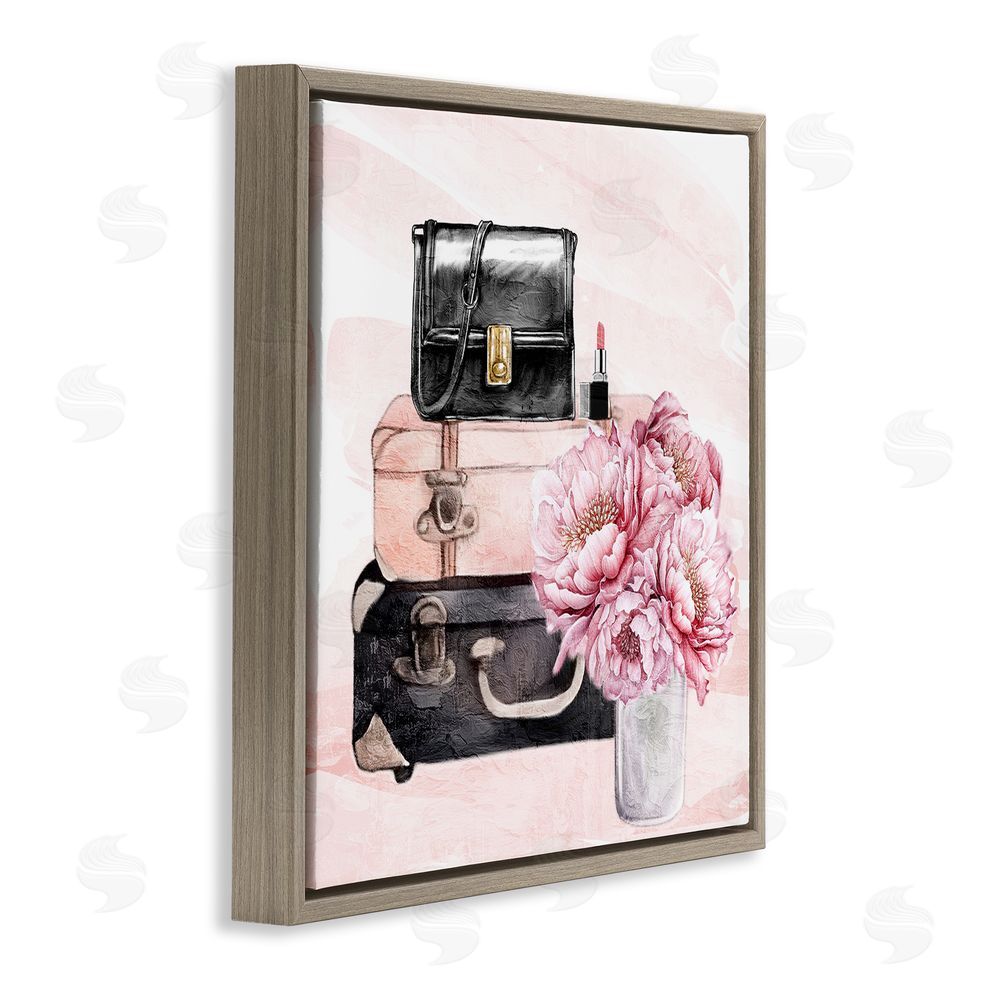 Kim Allen Glam Time Stacked Bags Brown Floating Frame Canvas Wall Art Print