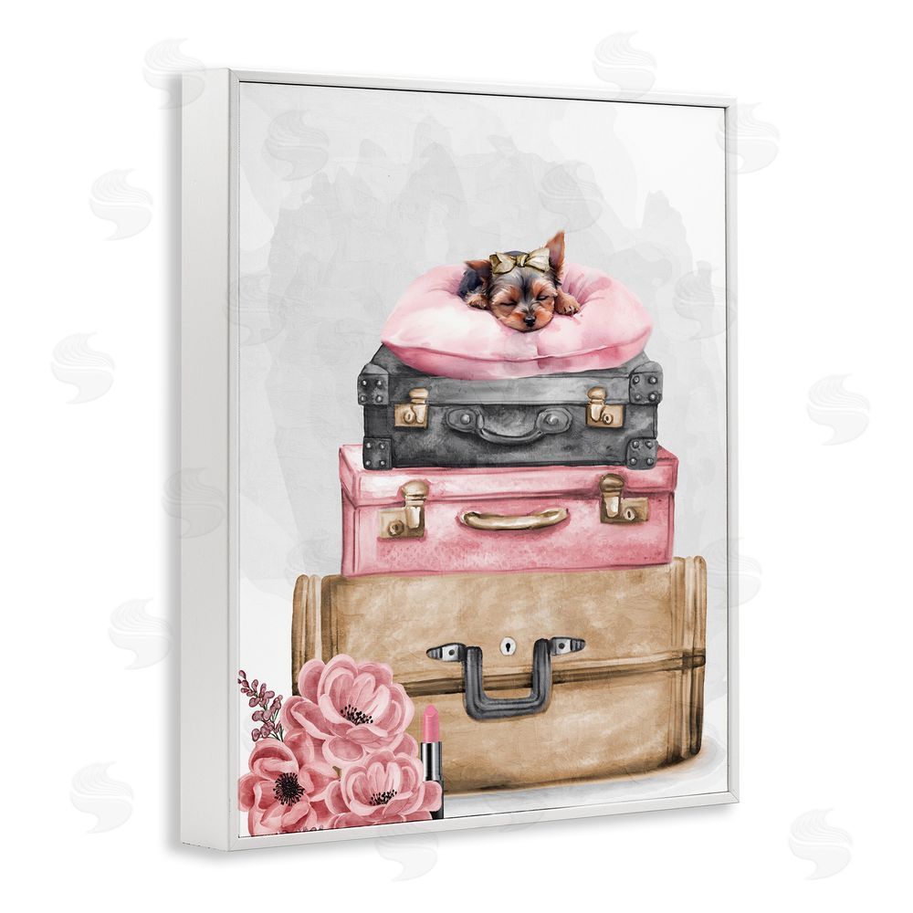 Kim Allen Sleepy Pup Travel White Framed Giclee Wall Art Print